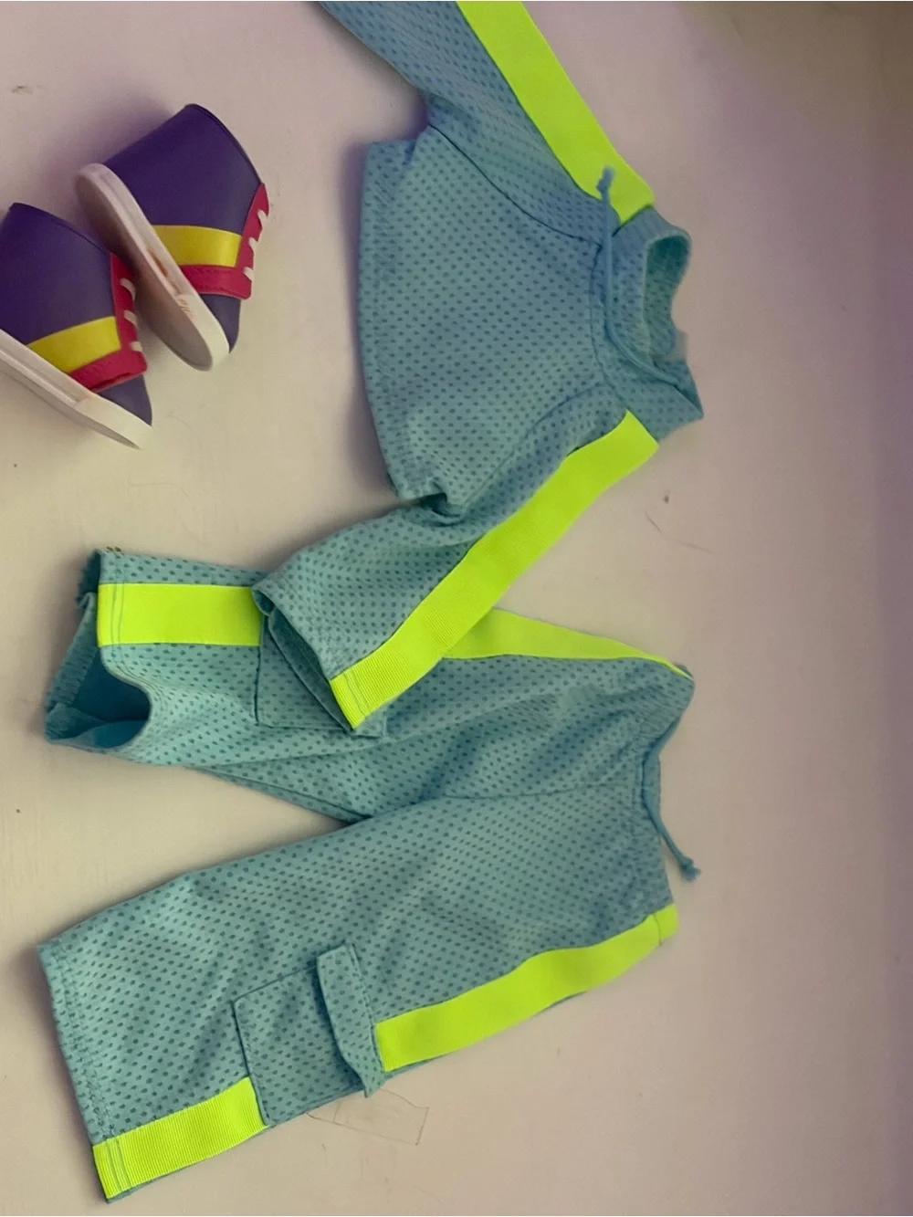 American Girl doll and  Light Blue Doll Tracksuit with Neon Yellow Accents